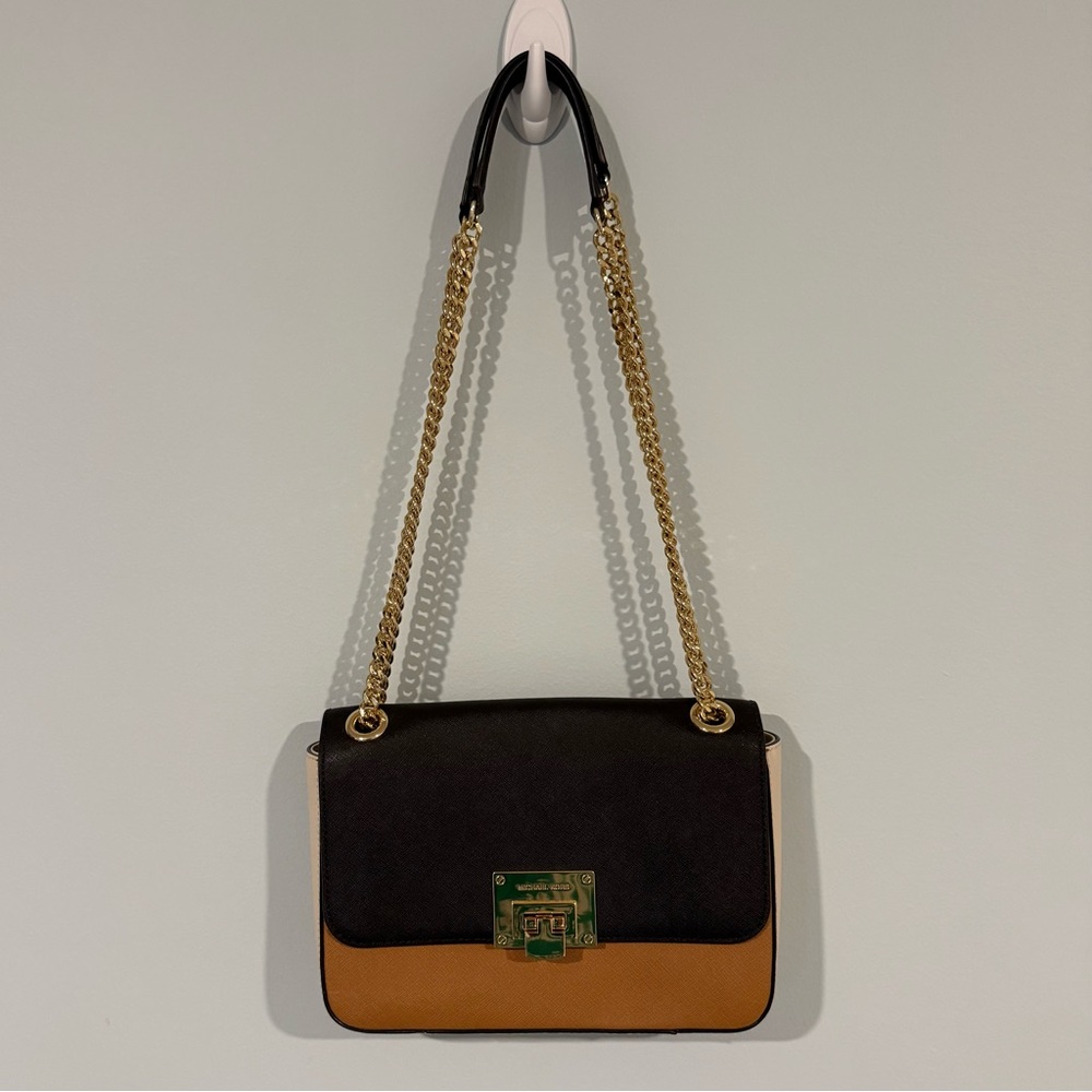 Michael Kors Tina Black and Tan Shoulder Bag with Gold Chain